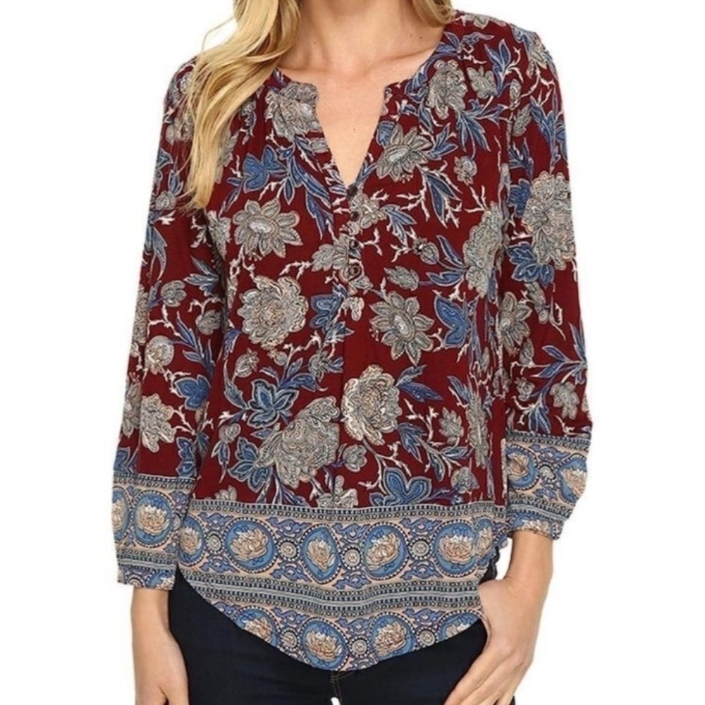 Lucky Brand Shirt Womens Small Burgundy Flower Peasant Prairie Boho Chic
